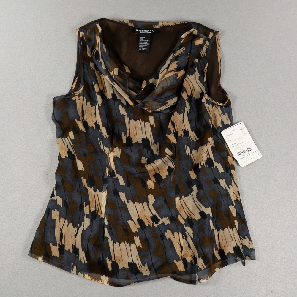 Doncaster Womens Silk Blouse M170CM18 Cowl Neck Abstract Print Brown Blue Sz 2M